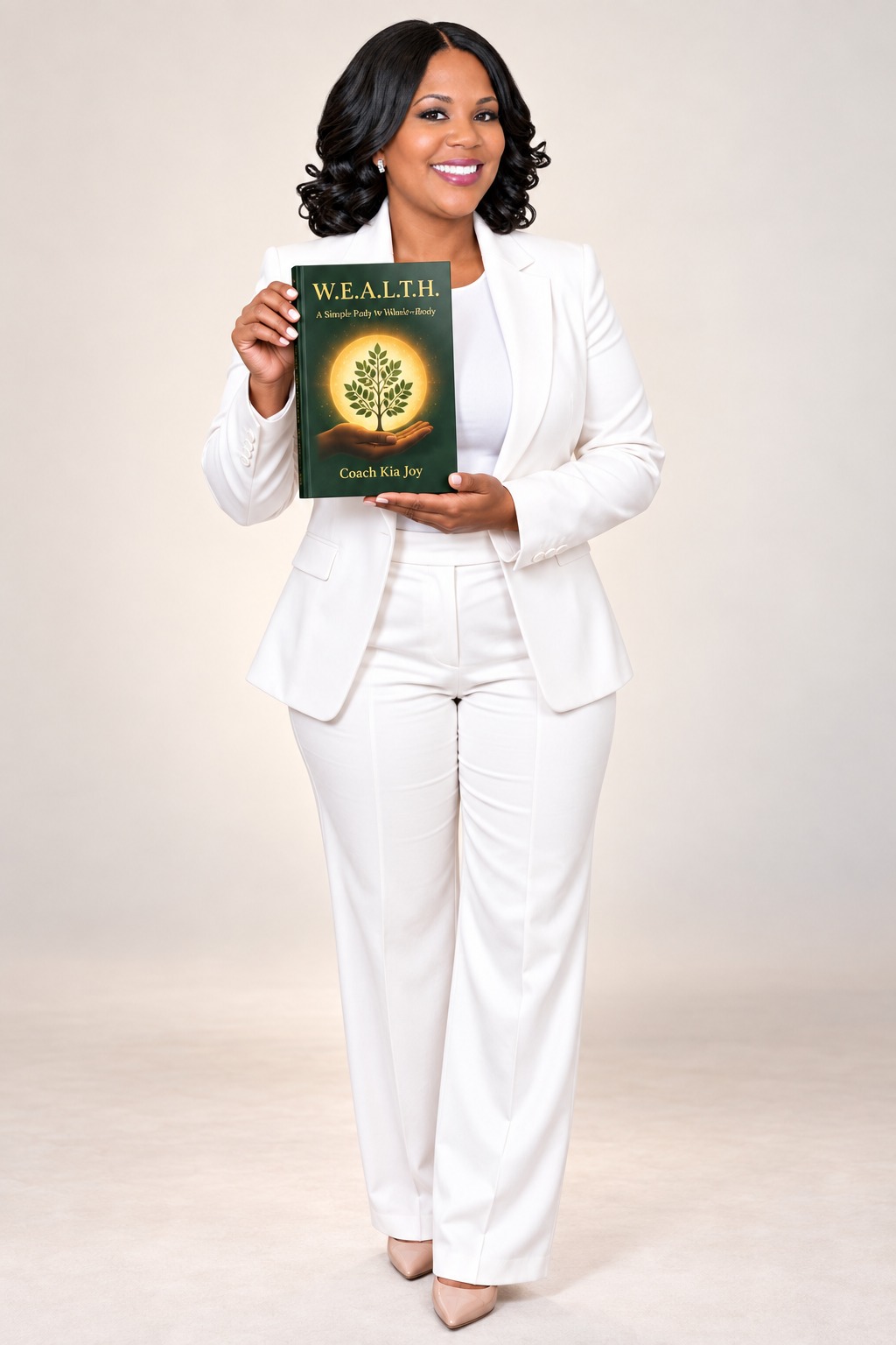 Coach Kia Joy holding her upcoming book, W.E.A.L.T.H.: A Simple Path to Whole-Body Wellness